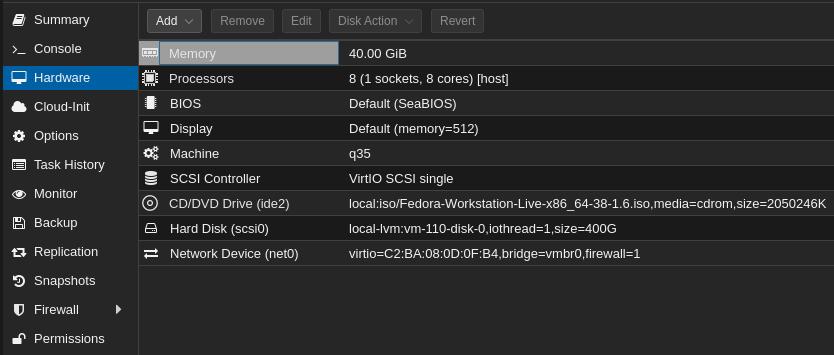 Proxmox VM's Hardware Section