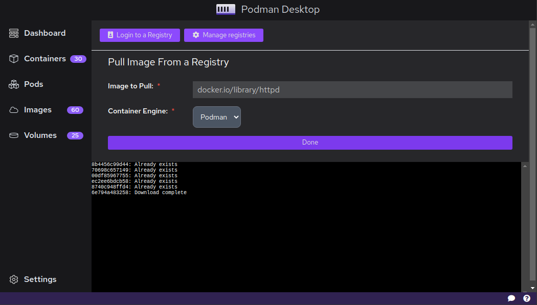 Pulling container image using Podman Desktop